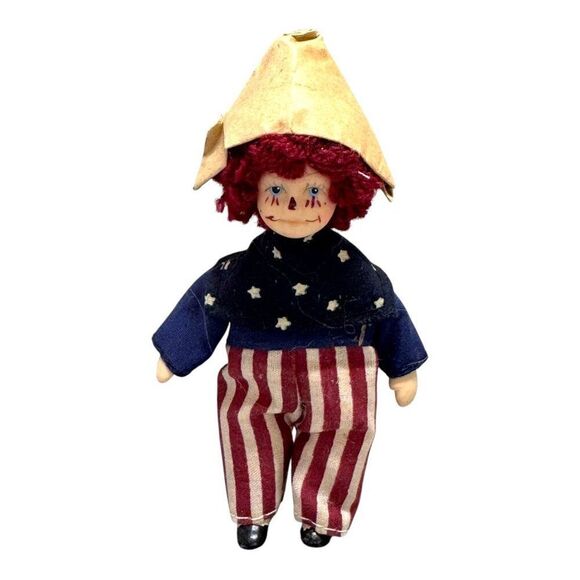 Vintage Rag Doll Red Curly Hair & Striped Pants Patriotic Dunce Cap Hat Mini 4" - Picture 2 of 5